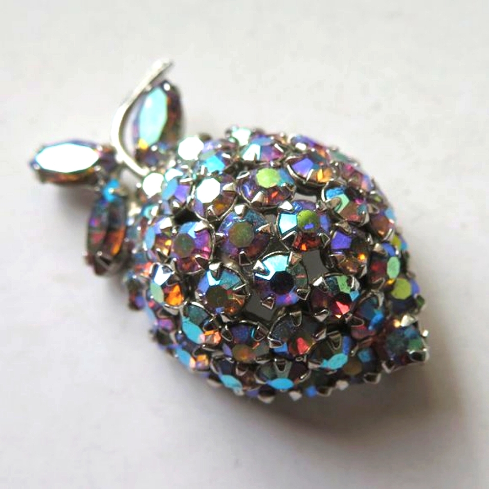 Large Iridescent Rhinestone Strawberry Brooch - image 1